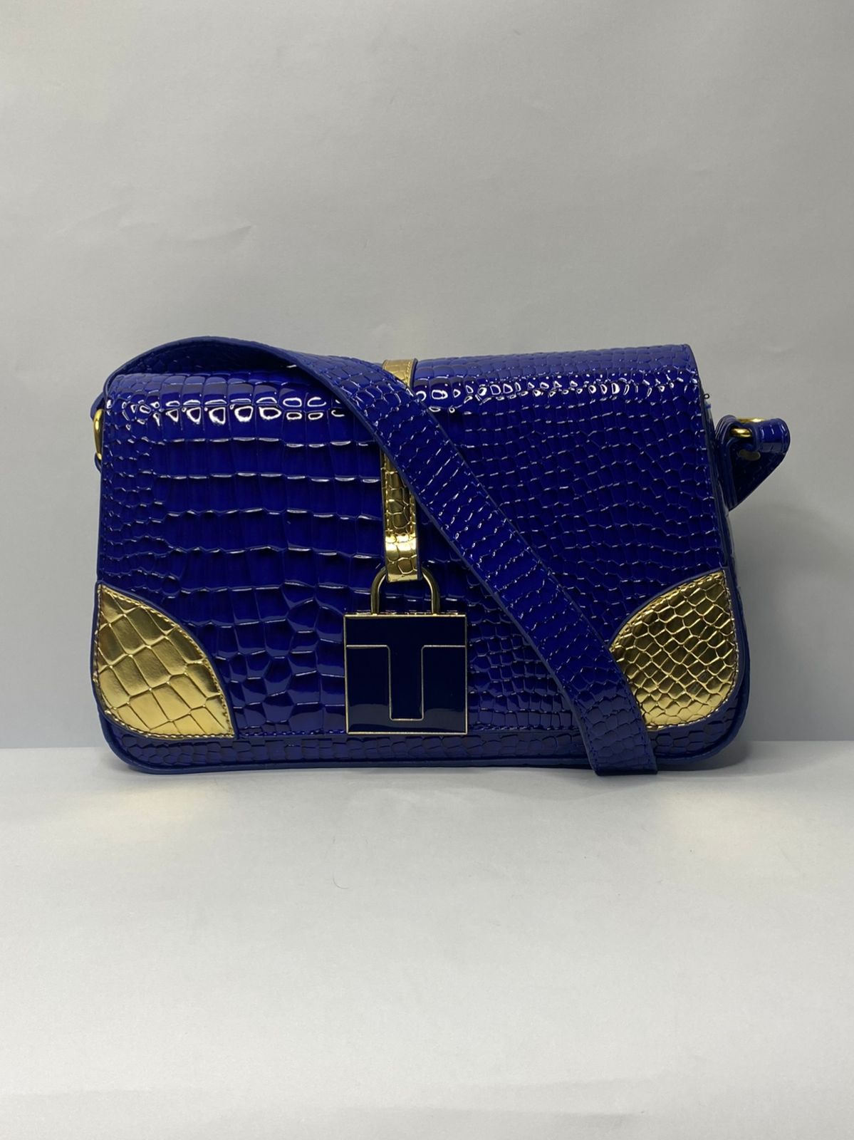 2 Pcs Crocodile Embossed Bag (blue & Gold)